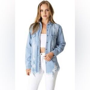 Women’s Jean denim shirt jacket distressed button up